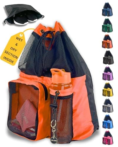 JIMJOOS Drawstring Mesh Swimming Bag - 25L Waterproof Swim Bag with Wet/Dry Compartment, Multifunctional Sports Backpack for Kids, Adults, Swimming, Surfing, Beach, Gym (Orange)