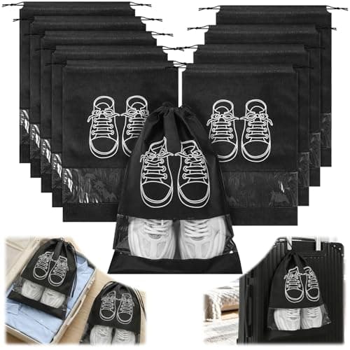 MENIBBLER 10Pcs Shoe Bags Travel Shoe Bag with Semi Transparent Window, Portable Dustproof Walking Boot Bags for Men and Women Reusable Drawstring Shoes Pouch for Packing in Luggage(Black)
