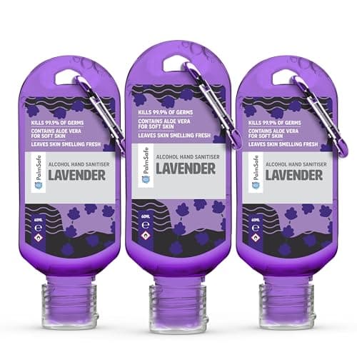 Palm Safe Lavender 3 Pack 60ml Anti Bacterial Premium Hand Sanitiser Travel Size Refillable Clip Bottle Quick Drying Non Sticky Extra Moisturising Kills 99.9% of Viruses and Bacteria