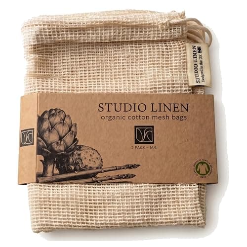 Studio Linen Reusable Produce Bags — Organic Cotton Mesh Bags for Fruit and Vegetables, Washable Drawstring Storage Bags, Set of 2