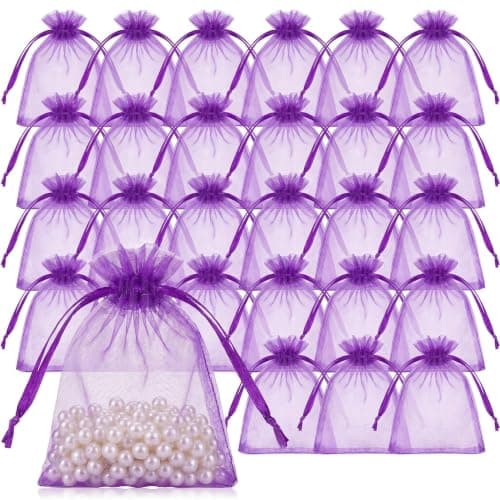 Purple Organza Drawstring Pouches, Mesh Gift Bags for Jewellery, Lavender Storage, Reusable, 40 Pack