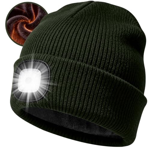 HAOCEE Hat with LED Light with Thick Warm Lining Gifts for Men Women Winter Beanie Illuminated Hat with Type-C Rechargeable Headlamp, olive green, One Size