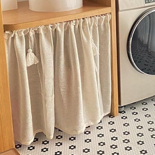 GUAWJRZDP Retro cotton and linen short curtains, curtains under the sink, Nordic style door curtain, shading and ventilation, tassel decoration, rod installation, one piece (Size: W100XH60CM)