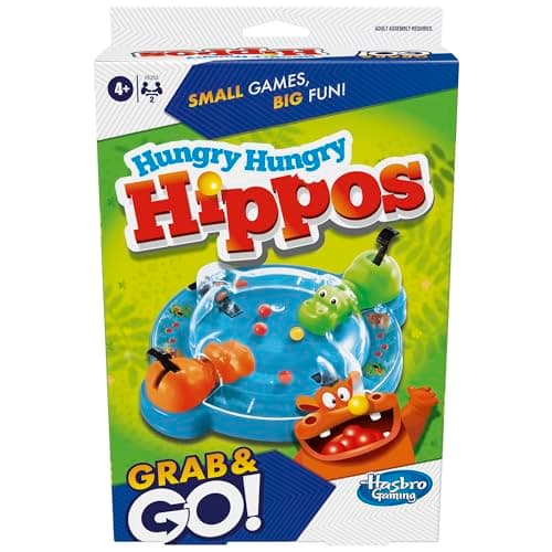 Hasbro Gaming Hungry Hungry Hippos Travel Game, Travel Games for Kids, Portable Grab and Go Marble-Chomping Game for Ages 4+