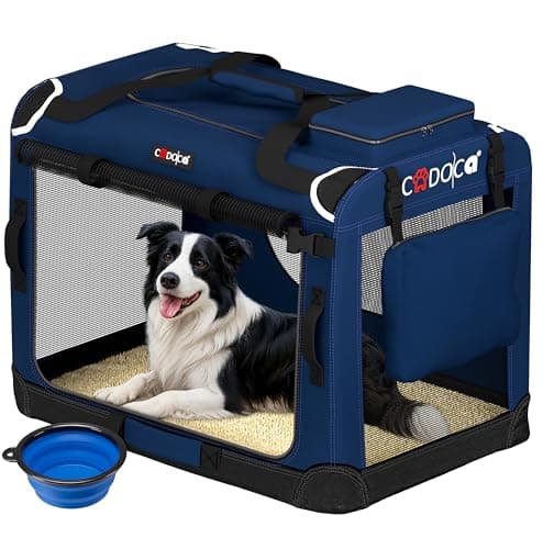 CADOCA Dog Crate Carrier, Car Foldable Travel Cage + Bowl, XL Navy Blue