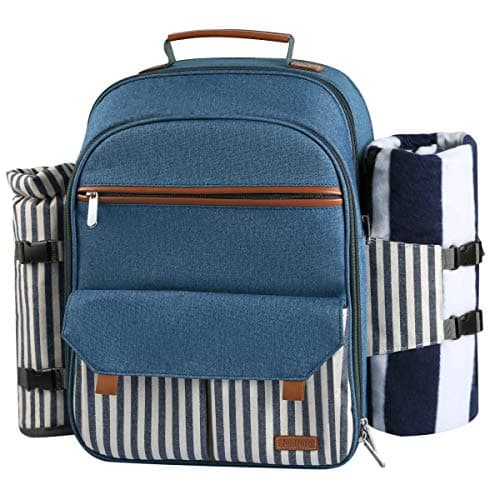 Sunflora 4 Person Insulated Picnic Backpack Rucksack with Blanket & Waterproof Pouch for Camping Picnic Hiking and BBQ (Blue & Stripe)