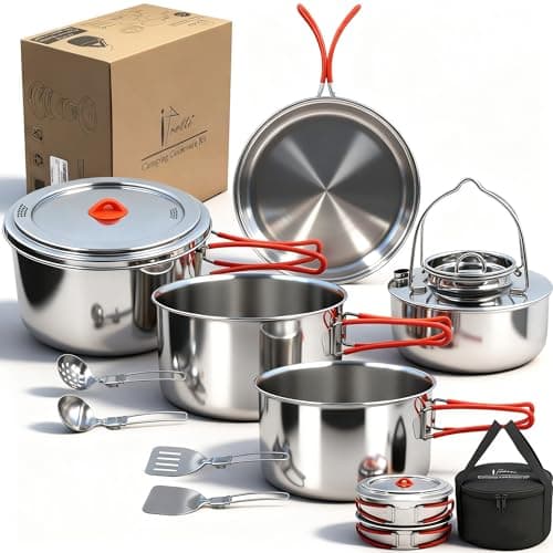 Ipretti Foldable 18/8 Stainless Steel Camping Cookware 11pcs for 4-8 People