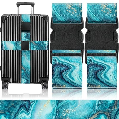 OffiEase Luggage Straps for Suitcases Travel Belt - Baggage Identifiers Suit Case Accessories with Buckle Nylon Adjustable Band Over Handle for Airport 2 pack Cyan Marble