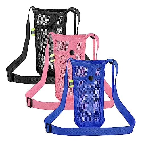 TSHAOUN 3 Pcs Water Bottle Carrier Bag Mesh Water Bottle Bag Beach Bottle Bag Water Bottle Holder with Adjustable Shoulder Strap for Travelling, Camping Climbing, Hiking, Sport (Black,Pink,Blue)