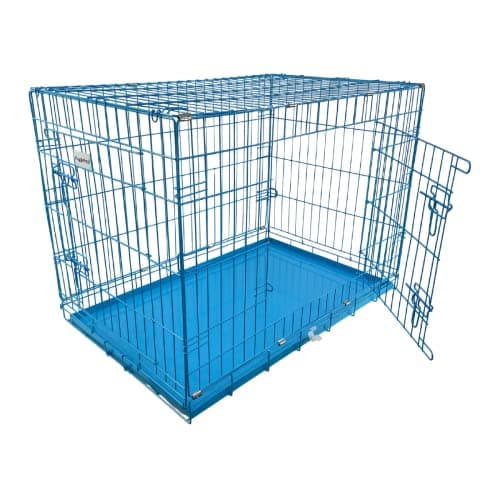 HugglePets Blue Metal Dog Puppy Cage Foldable Small 61cm Dual Door with Locks, Car Home and Travel Crate