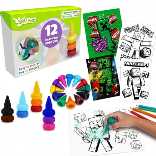 SRV Hub Minecraft Toddler Art Set – 12 Stackable Easy Grip Crayons + 2 Colouring Books (A4 & A5) with 16 Pages | Back To School Washable Crayons & Pencils | Creative Gift for Kids Boys Girls