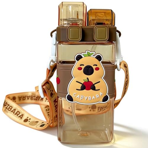 WFKKMEQ Capybara Water Bottle with Straw, Capybara Drinking Bottle Water Bottle Plastic Bottles with Straw Strap Double Drinking Leakproof Sports Bottles for Travel School (520ML) Animal Set