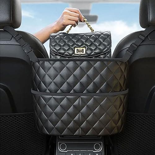 Ealingmoon Car Pocket Handbag Holder and Purse Hook for Car -Faux Leather Seat Back Organizer with Barrier for Backseat Pets and Kids, Between Two Seats Handbag Holder for a Clutter-free Car Interior