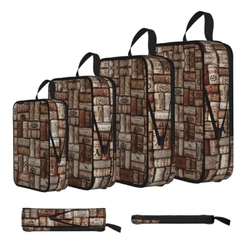 Wine Cork Print Compression Packing Cubes 4-Piece Set With Multi- Compartment Travel Bag, Waterproof Suitcase Organiser Bags