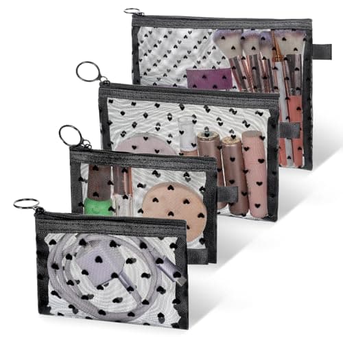4 PCS Heart Printed Mesh Makeup Bag Set, Heart Print Mesh Zipper Pouch Bags, Portable Travel Organizer Bags Pouch Set for Home Offices Daily Travel Accessories(Black)