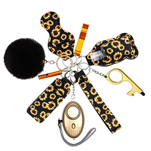 Flymind Safe Keychain Set for Girls with Personal Safety Alarm, Hand Sanitizer Holder, Whistle and Pom
