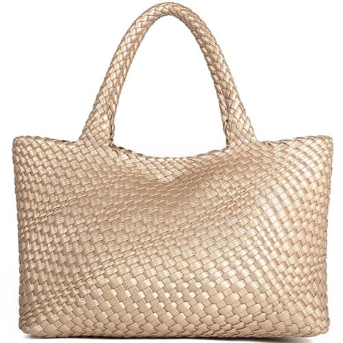 Queenoris Woven Bag for Women, Fashion Top Handle Shoulder Bag Vegan Leather Shopper, Golden