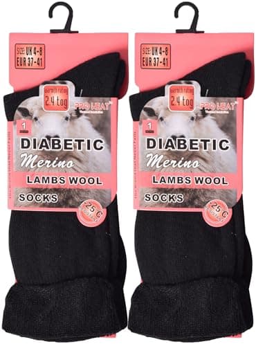 ZRWASKA® 2 Pairs Diabetic Socks For Womens Merino Wool Thermal socks Extra Warm Thick Non Elastic Soft Top Wide Elastic Walking, Hiking, (UK, Numeric, 4, 8, Regular, Regular, Black (2 Pairs))