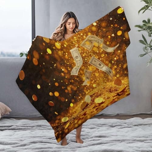 DRPZ Travel Blanket Gold Coins And Dollar Bills Falling From Above Flannel Blanket Plush Blanket Custom Blanket With Picture(127x100cm)
