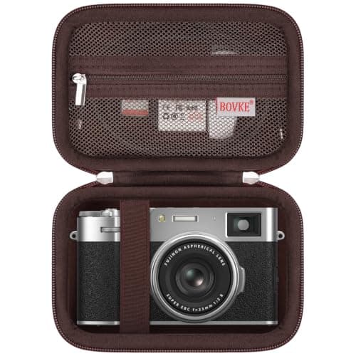BOVKE Camera Case for Fujifilm X100VI/ X100V/ X100F/ X100S/ X-E5 Digital Camera, Fujifilm X100VI Camera Travel Storage Bag Hard Case Holder, Extra Mesh Pocket for Batteries, SD Card, USB Cable, Brown