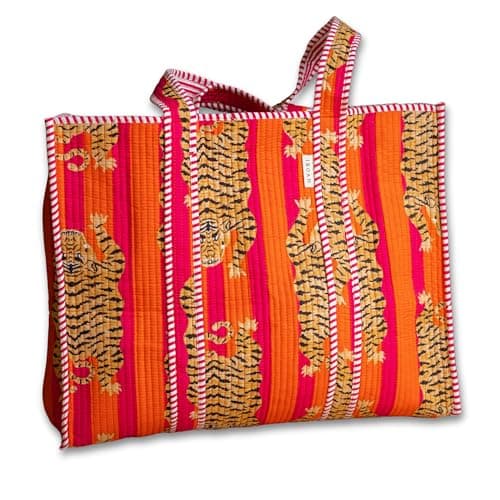 IBOAH Large Quilted Cotton Tote Bag Tiger Print, Beach Travel (Orange)