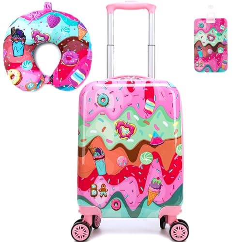 Inprof Kid's Luggage Set 2 Piece Suitcase Set Hardside Luggage with Spinner Wheels Boys Carry on Toddler Travel Rolling Suitcase with Hard Shell Airline Approved, Pink 01, 16 inch, Luggage Sets