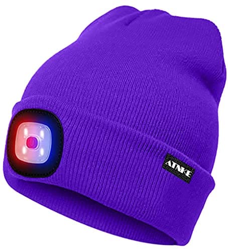 ATNKE LED Lighted Beanie Cap,USB Rechargeable 4 LED Red and Blue Glow Flashing Running Headlamp Hat Winter Warm Gifts for Men and Women/Purple