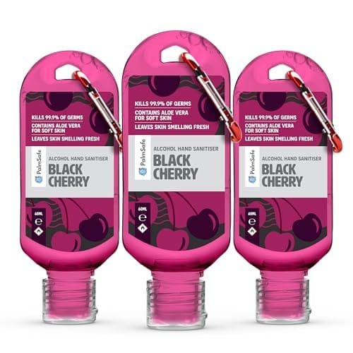 Palm Safe Black Cherry 3 Pack 60ml Anti Bacterial Premium Hand Sanitiser Travel Size Refillable Clip Bottle Quick Drying Non Sticky Extra Moisturising Kills 99.9% of Viruses and Bacteria