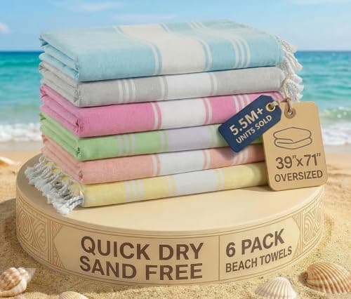 LANE LINEN Turkish Towels Set of 6, Cotton Rich Beach Towels Oversized, Pre-Washed Pool Towel, Extra Large Beach Towel, Sandproof Beach Towel, Absorbent Travel towel,39"x71" - Multi Colors
