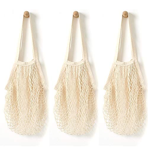 Pveath 3 Pack Grocery Mesh Bags Portable/Reusable/Washable Organic Cotton String Shopping Bags Produce Net Tote Bags with Short Handle Shopping Handbag for Fruit Vegetable Storage (White)