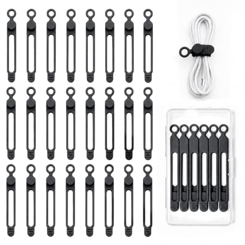 24PCS Reusable Silicone Cable Ties, Adjustable Cable Straps with Secure Buckle, Cord Organisers for Phone Chargers, Earphones, USB and Computer Cables, Home, Office and Travel Black