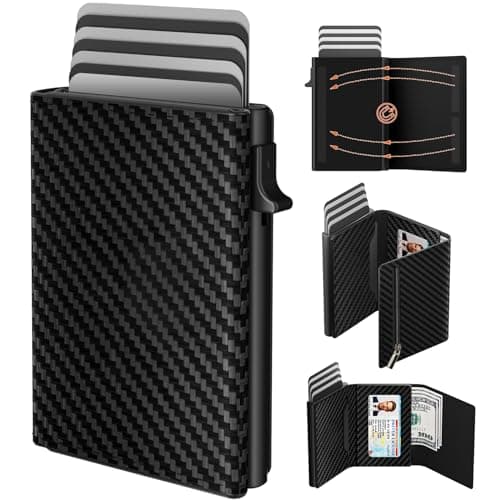 dwnkove Mens Wallet Credit Card Holder, Minimalist Wallets for Men, Aluminum Pop up Wallet, RFID Blocking, Premium Leather, Smart, Slim, Coin Pocket | 9-14 Card Capacity | ID Window | Cash Slot