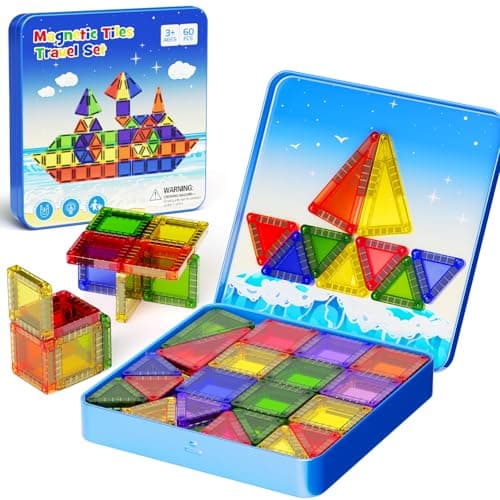 Magnetic Tiles Travel Set for Kids: 60pcs Classic Tin Case Building Fun