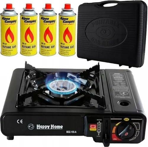 Butane Stove Portable Cooker in Carry Case 2 4 8 12 Gas Bottles Camping BBQ Kit Gas Camping Stove with Automatic Ignition & Heat Control (4 x Gas + Stove)