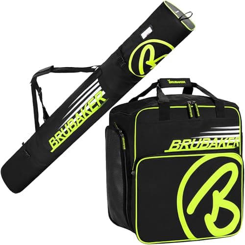 BRUBAKER Combo Set Carver Champion - Ski Bag and Ski Boot Bag for 1 Pair of Skis + Poles + Boots + Helmet - Black/Neon Yellow - 74 3/4 Inches / 190 Cm