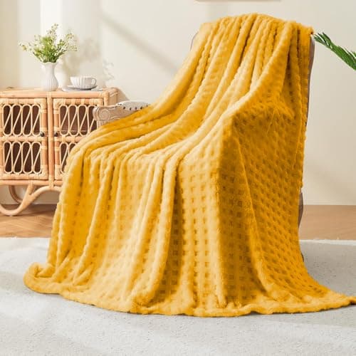 Wajade Fleece Throw Blanket, Fluffy Faux Fur Blanket for Bed Sofa Couch, Soft Warm Thick Blanket,Waffle Yellow-178X203