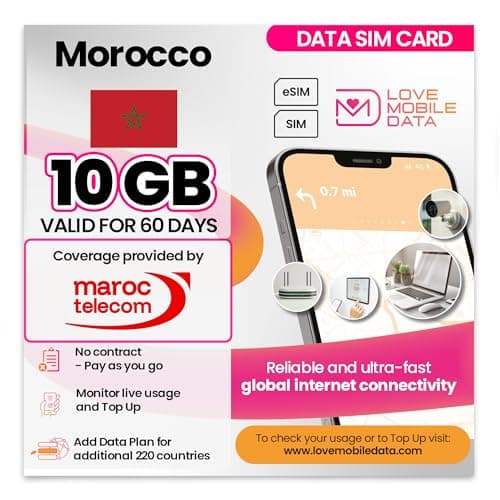 Love Mobile Data Only Sim Card - International Multi-Network 4G/5G Prepaid Pay As You Go Data Sim for Mobile Phones, WiFi Routers & More, UK and Morocco (maroc telecom) - 10GB for 60 Days