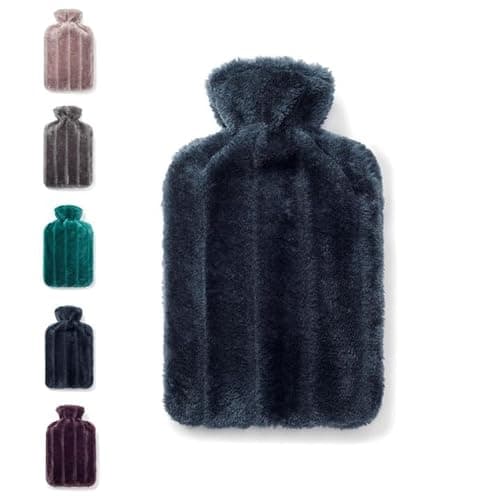 Brevian® 2 Litre Large Hot Water Bottle with Soft Luxury Faux Fur Cover UK (Midnight Blue, Regular)