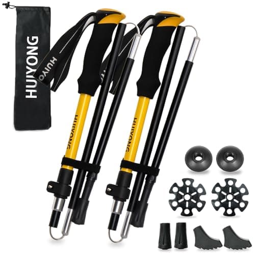 HUINING Hiking Poles | Foldable & Telescopic | Nordic Walking Poles | Trekking Poles | Ultralight Aluminium with Accessories | 110-130 cm | Yellow