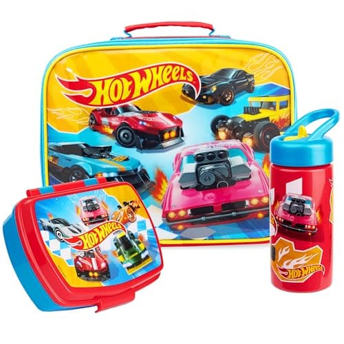 Get Trend Hot Wheels Insulated Lunch Bag Set for Boys, 3 Pcs Kids BPA Free Bento Lunch Box 420ml Water Bottle with Straw & Food Bag, Travel Picnic Supplies, School Essentials (Multi Hot Wheels)