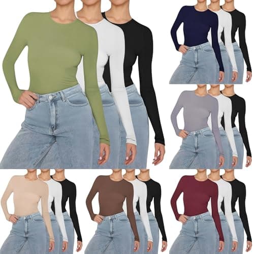 XOUSAEKM Womens 3 Pack Long Sleeve Tops Stretch Fitted Crewneck Jumpers Thermal Base Layer Tops Slim Fit Warm Underwear Lightweight Breathable & Easy Care Shirts Ladies Fall Winter Soft Pullover
