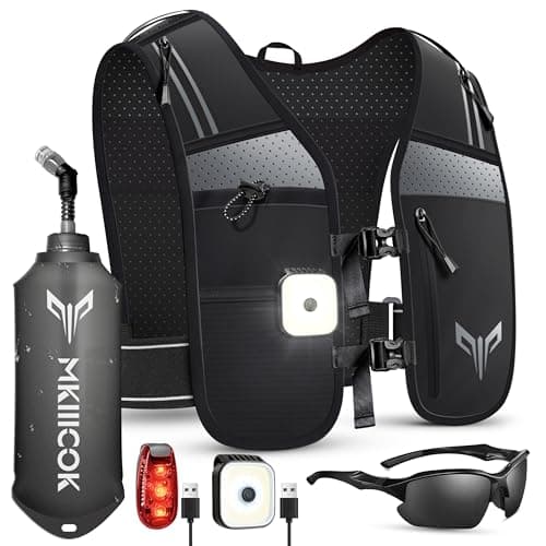 LED Running Vest for Men & Women with Phone Holder & 500ml Water Bottles - Reflective Lightweight Running Hydration Vest for Night Running, Marathon, Trail, Cycling (Black A, One Size)