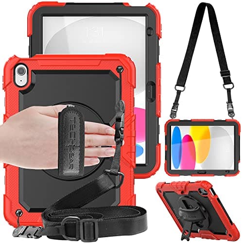 TECHGEAR UTILITY Case for iPad 11" A16 (11th Gen 2025) & 10.9" (10th 2022), Rugged Heavy Duty Shockproof Cover Screen Protection, 360 Stand, Hand & Shoulder Strap - for Work, School, Travel etc - Red