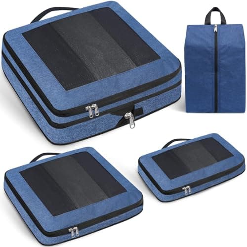 Prezon Large Compression Packing Cubes, Full Open Visible Design, Expandable Packing Organizer with Travel Shoe Bag for Suitcase & Backpack, 4 Set Lightweight Travel Bags for Vacation & Camping