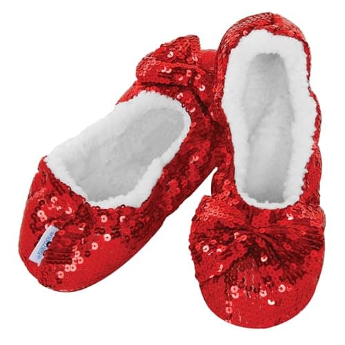 Snoozies Ladies Ballerina Bling Slippers UK 6-7 Large Ruby Red – Cozy Sherpa Fleece Lined Sequin House Shoes