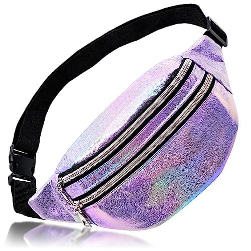 Waist Fanny Pack for Women Waterproof PU Bumbags for Ladies Fashion Shiny Bum Bag with Adjustable Belt for Dog Walking Hiking Travel Cycling (Purple)