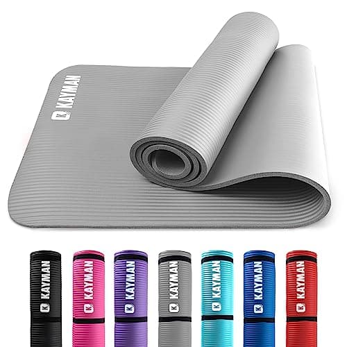KAYMAN Yoga & Exercise Mat with Carry Strap, Large Non-Slip Comfortable Training & Workout Floor Mats for Home or Outdoor, Gym, Pilates, Gymnastics, HiiT, Stretching & Meditation (Grey)