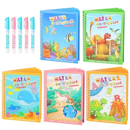 5 Pack Reusable Water Coloring Book for Toddlers, Water Doodle Book Toys, Paint with Water Books,Mess-Free Coloring Book, Portable Educational Doodle Drawing Toy, Educational Learning Kits Gifts