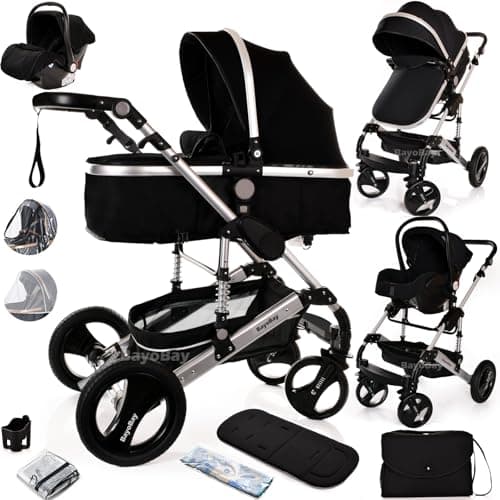 Baby Pram & Pushchair Travel System 3 in1 with Car Seat - Lightweight Folding Buggy Stroller for Newborns 0-36 Months (Black - Silver Frame)