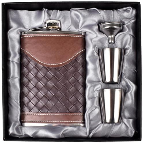 LHD HOME Hip Flasks for Men 8oz Leather Flask Gift Set,304 Stainless Steel Flask Set w/Funnel Shot Glasses Lovely Gift for Whiskey Rum Groomsman Best Man Usher Wedding Camping-Leather Stripe Black8oz